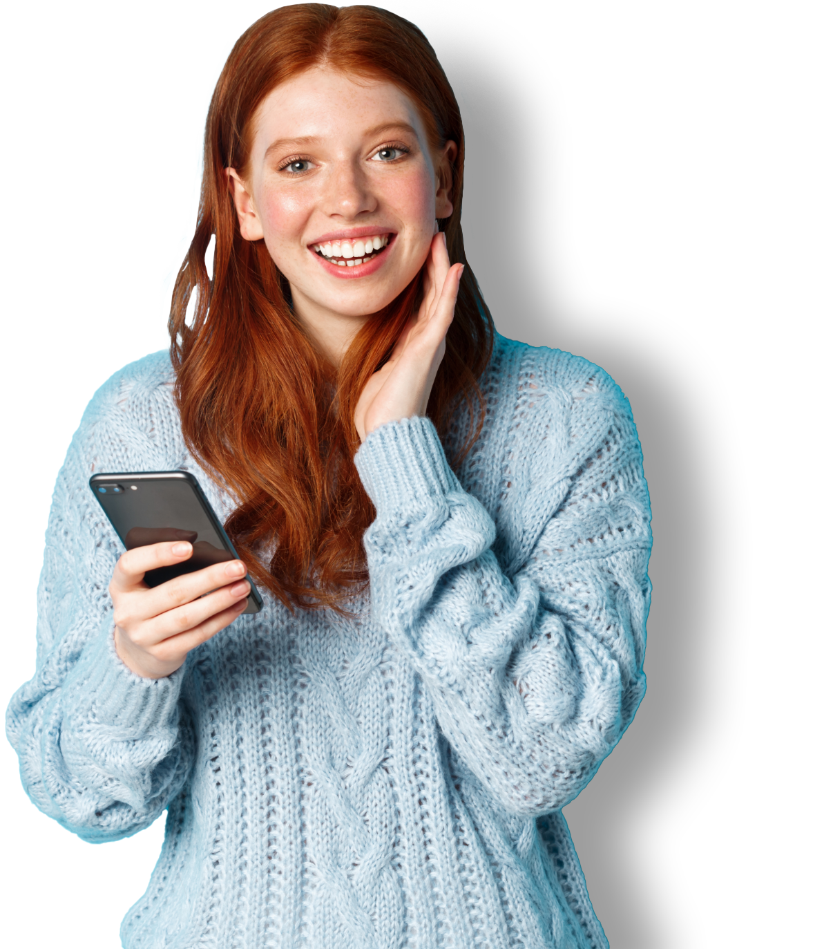 Beautiful redhead girl in sweater smiling at camera using mobile phone app standing with person