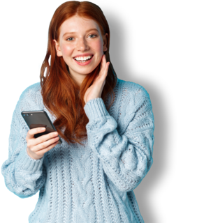 Beautiful redhead girl in sweater smiling at camera using mobile phone app standing with person