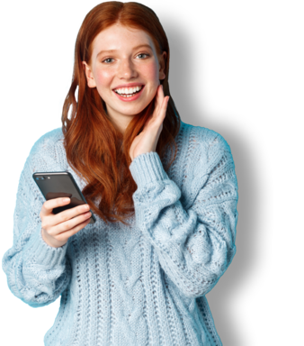 Beautiful redhead girl in sweater smiling at camera using mobile phone app standing with person